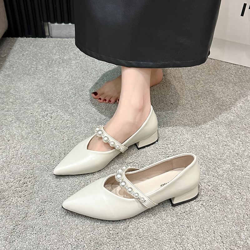 Low Faux Peral Mary Shoes Strap Jane Heel Pointy
