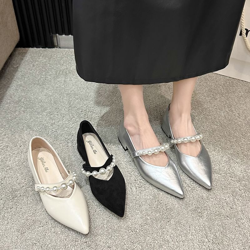 Low Faux Peral Mary Shoes Strap Jane Heel Pointy