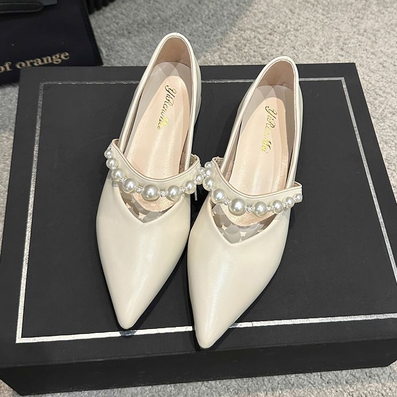 Low Faux Peral Mary Shoes Strap Jane Heel Pointy