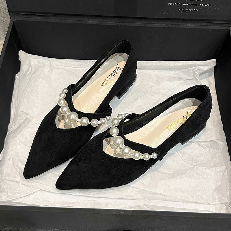 Low Faux Peral Mary Shoes Strap Jane Heel Pointy