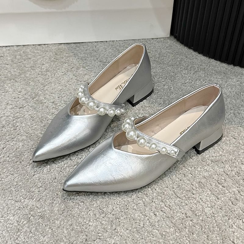 Low Faux Peral Mary Shoes Strap Jane Heel Pointy