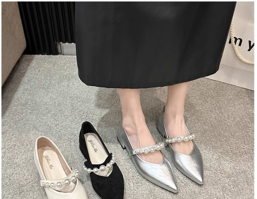 Low Faux Peral Mary Shoes Strap Jane Heel Pointy