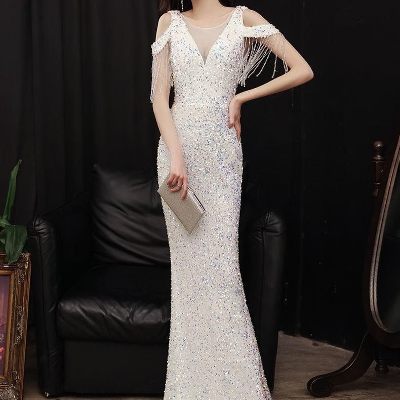 Short-Sleeve Boatneck Mesh Sequin Mermaid Evening Gown