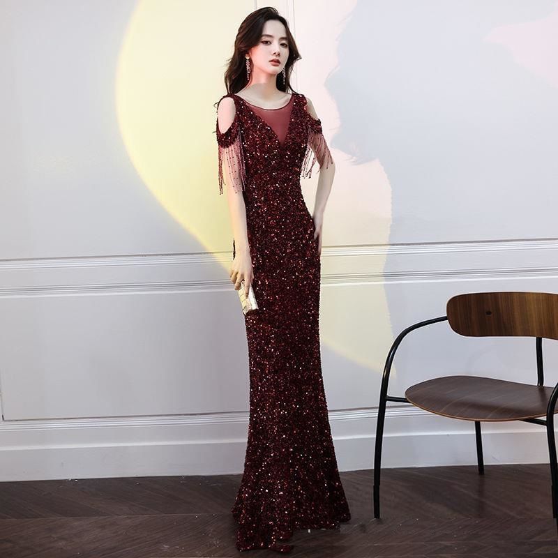 Short-Sleeve Boatneck Mesh Sequin Mermaid Evening Gown