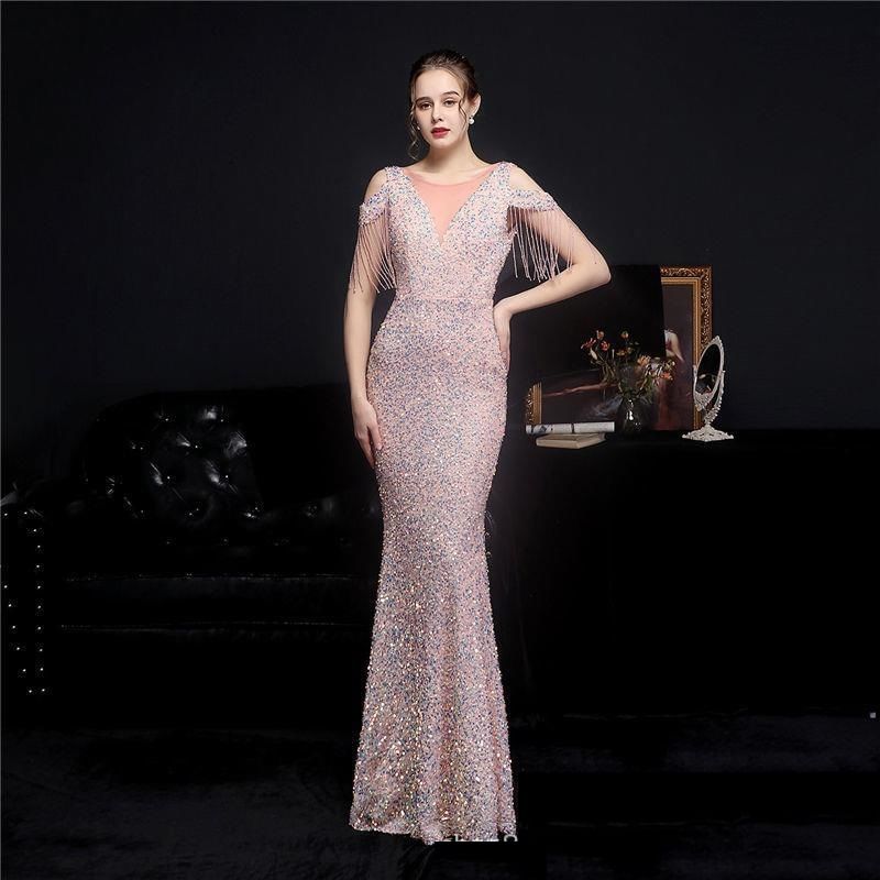 Short-Sleeve Boatneck Mesh Sequin Mermaid Evening Gown