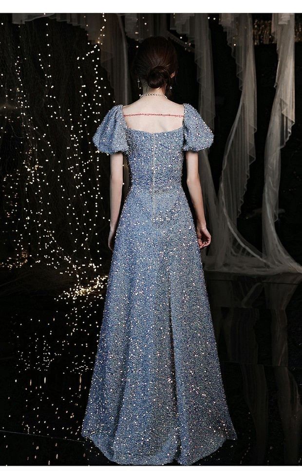 Short-Sleeve Sweetheart Neckline Sequin A-Line Evening Gown