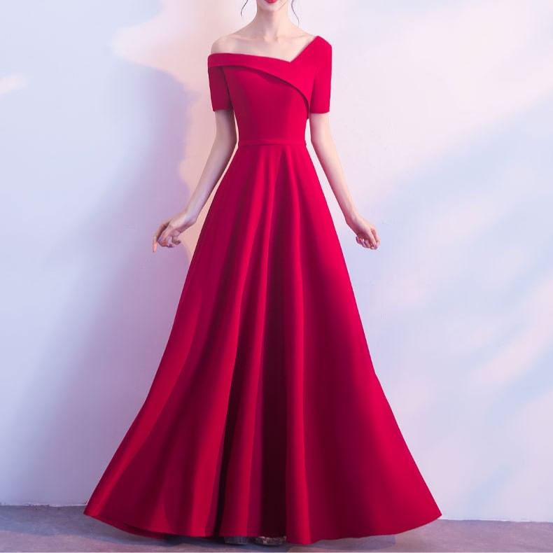 Short-Sleeve Asymmetrical Plain A-Line Evening Gown