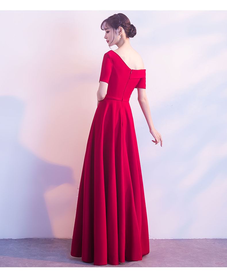 Short-Sleeve Asymmetrical Plain A-Line Evening Gown
