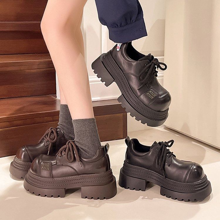 Faux Shoes Leather Plain Platform Lace-Up