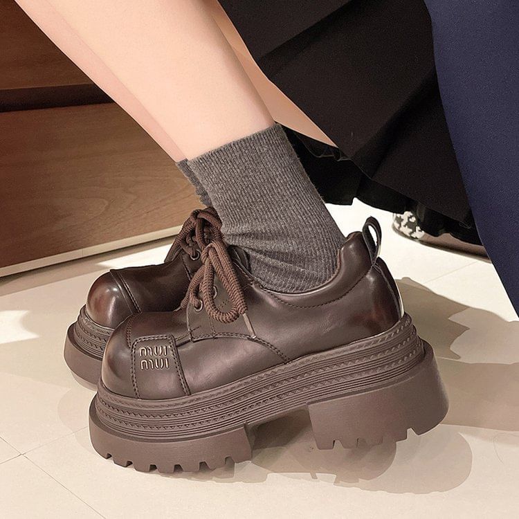 Faux Shoes Leather Plain Platform Lace-Up