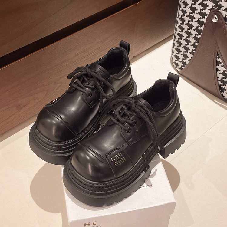 Faux Shoes Leather Plain Platform Lace-Up