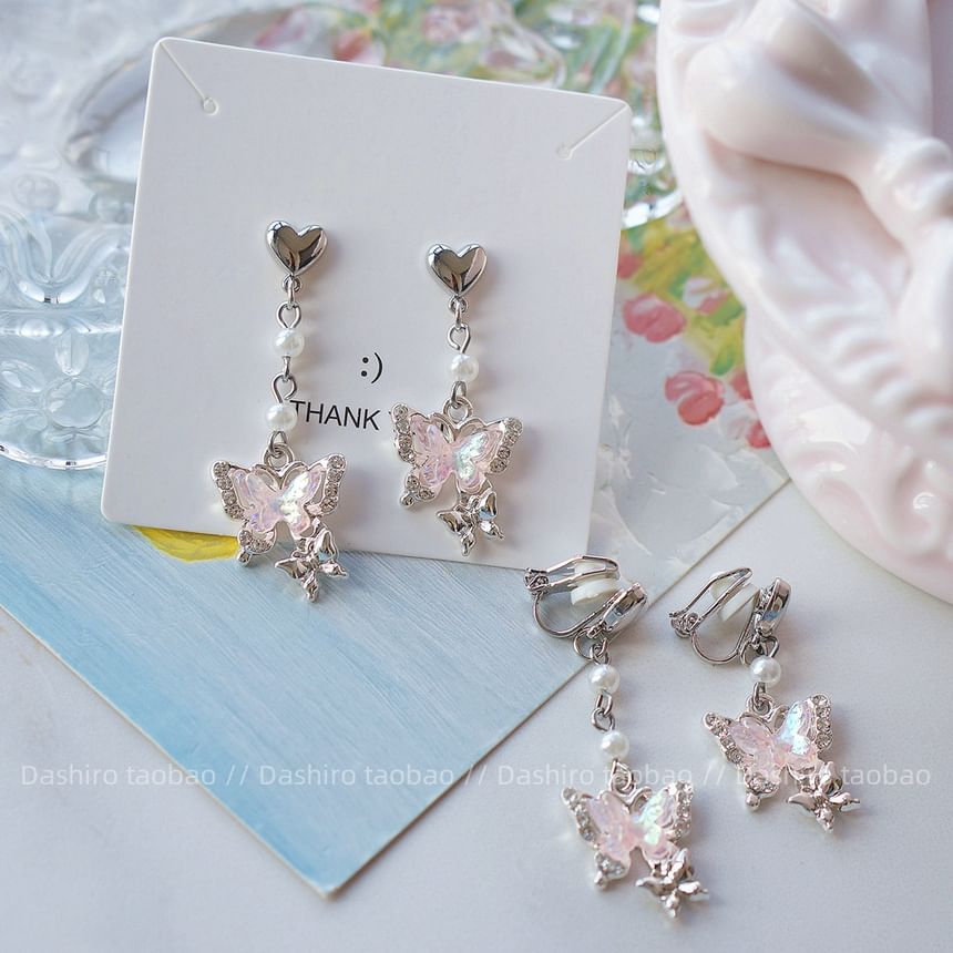 Rhinestone / Butterfly Clip Earring On Drop