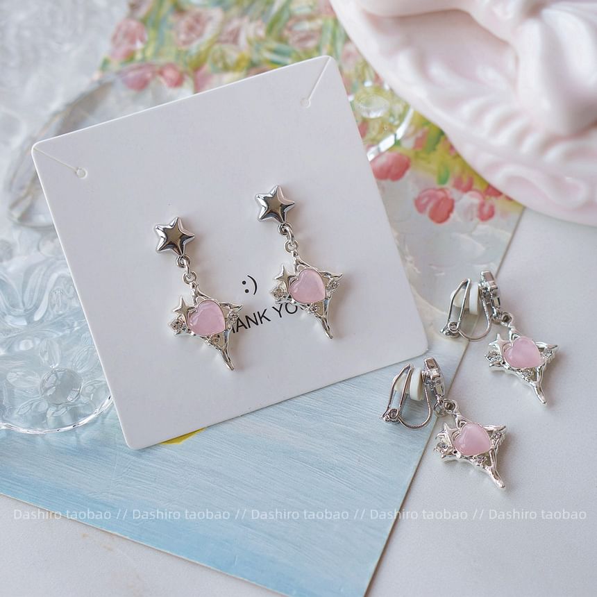 Rhinestone Heart / Star Drop Clip On Earring