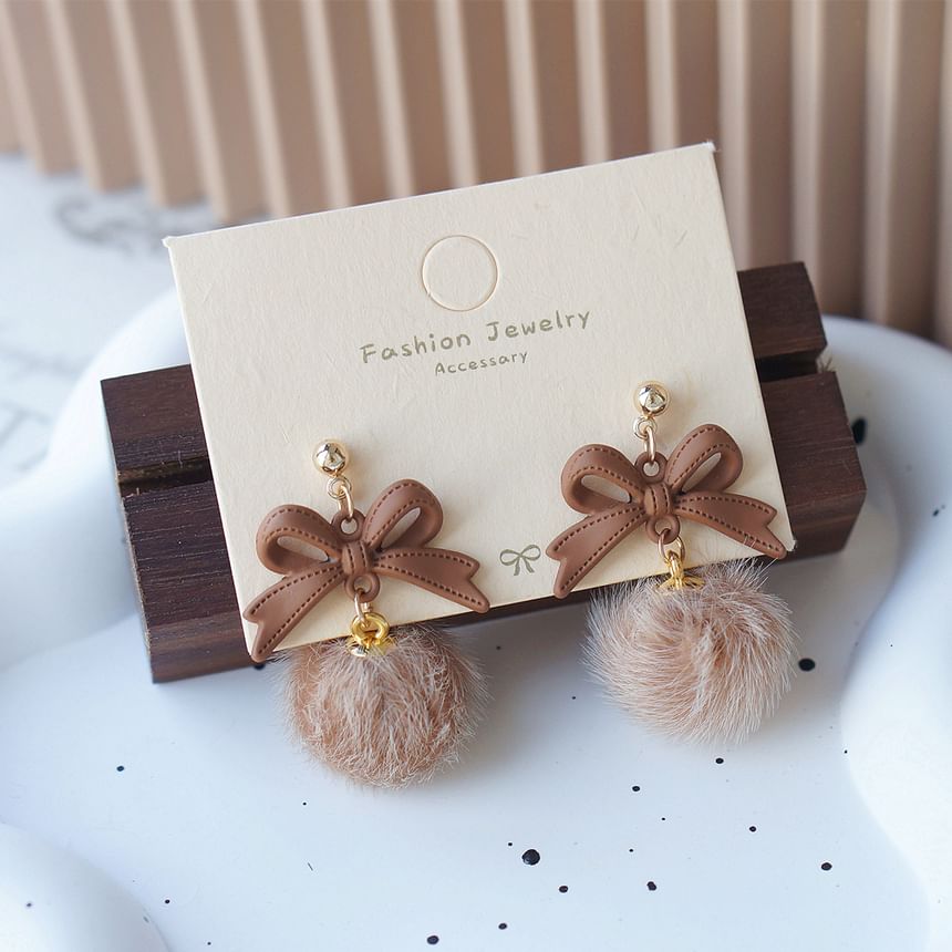On Clip Bow Drop Pom / Earring