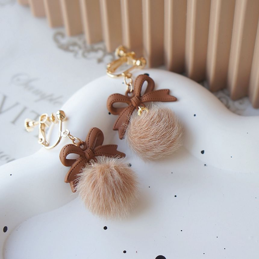 On Clip Bow Drop Pom / Earring