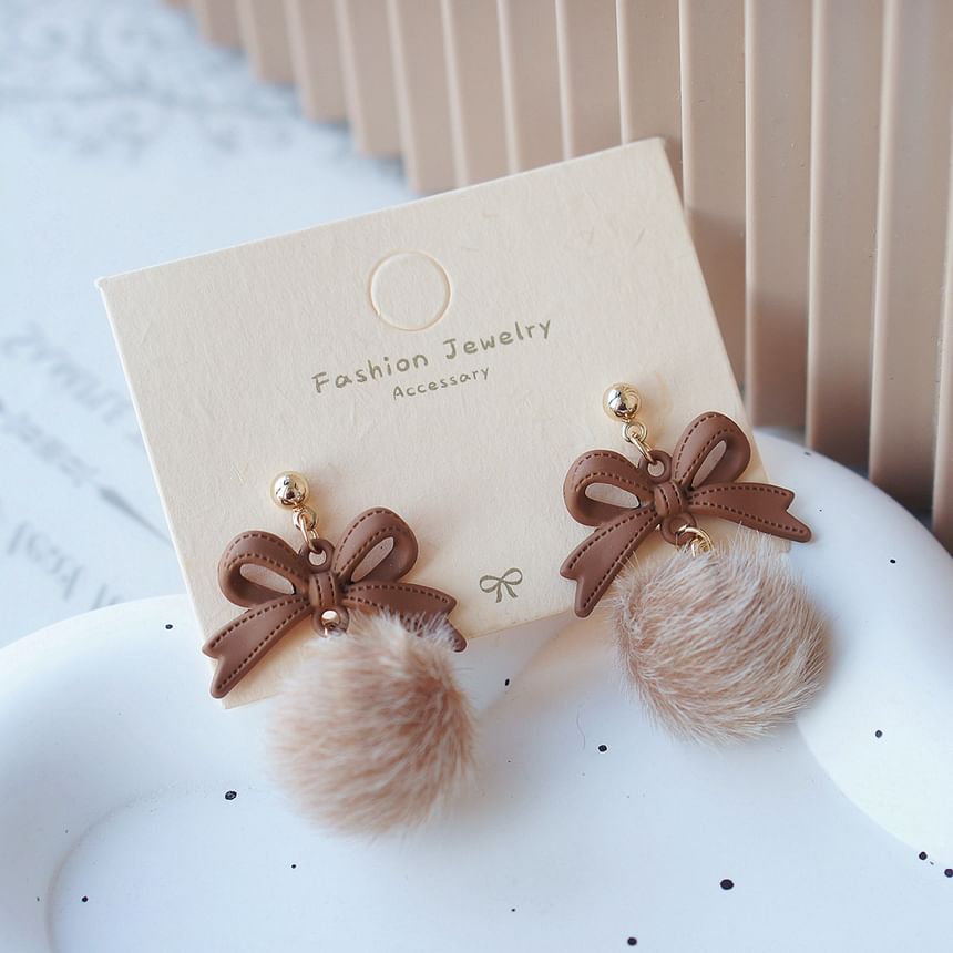 On Clip Bow Drop Pom / Earring