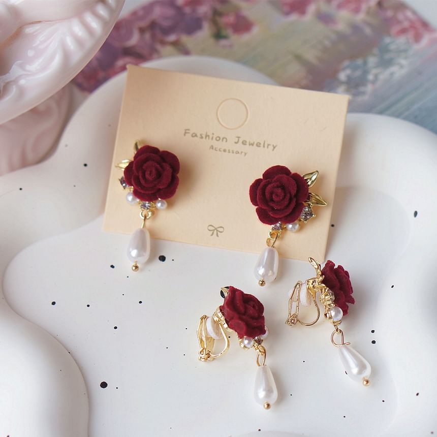 Clip Pearl Earring Rose On Faux / Drop