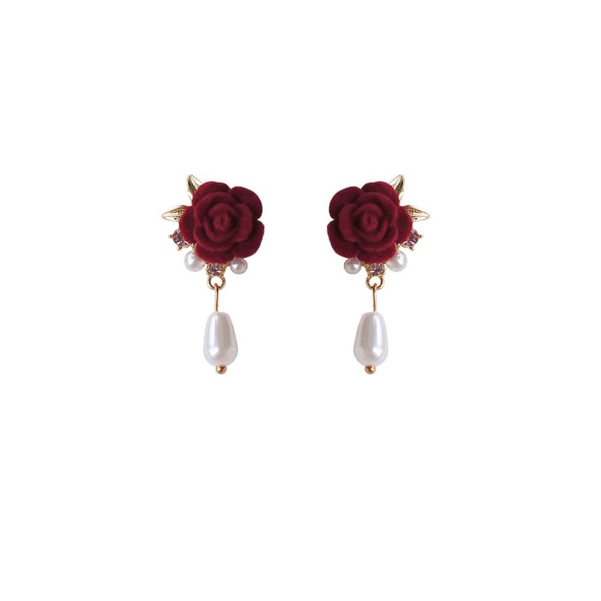 Clip Pearl Earring Rose On Faux / Drop