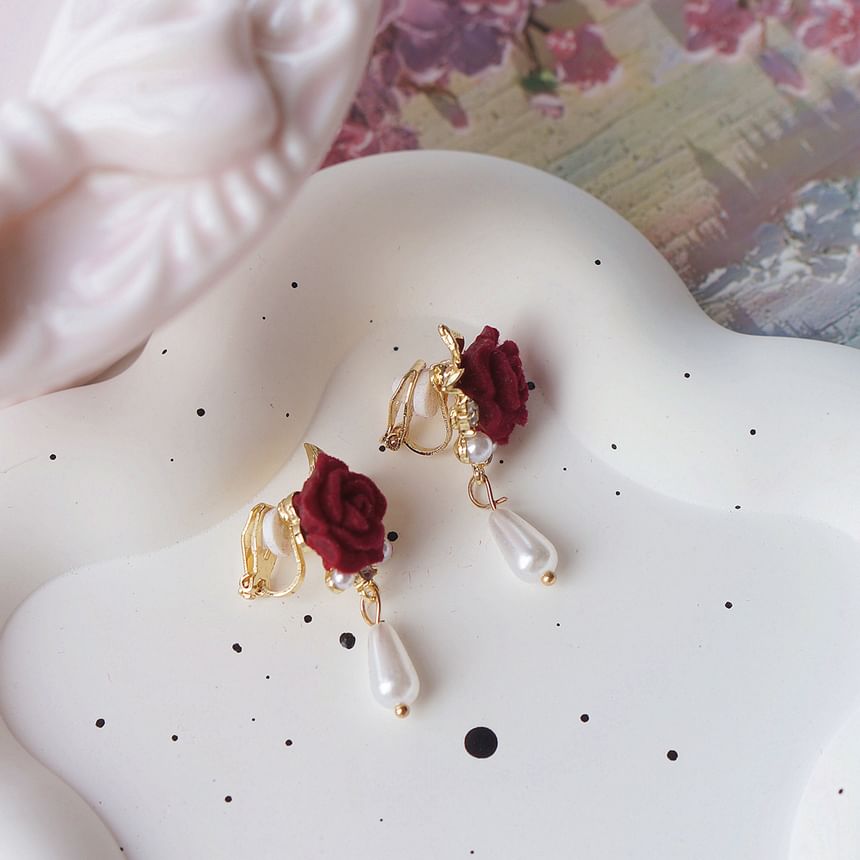 Clip Pearl Earring Rose On Faux / Drop