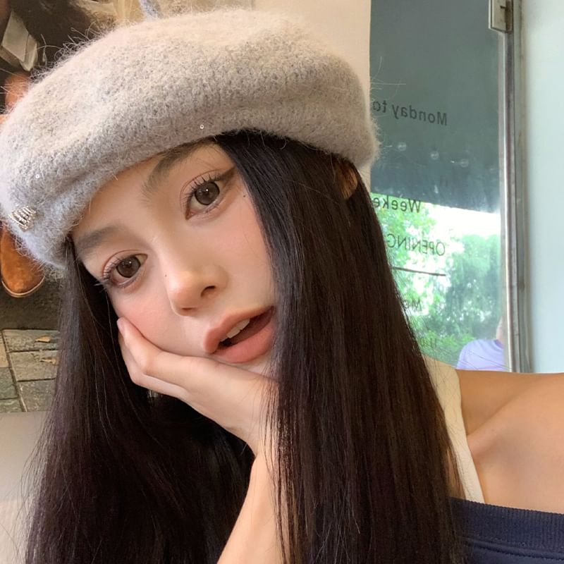 Rhinestone Accent Beret Knit