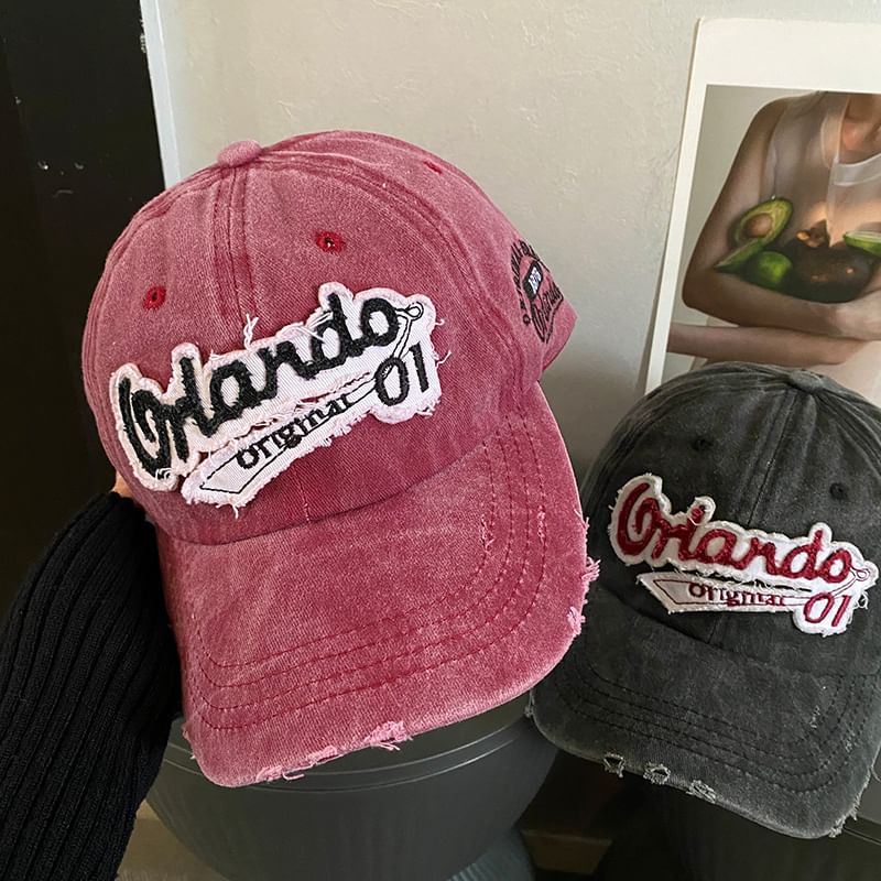 Lettering Cap Embroidered Distressed Baseball