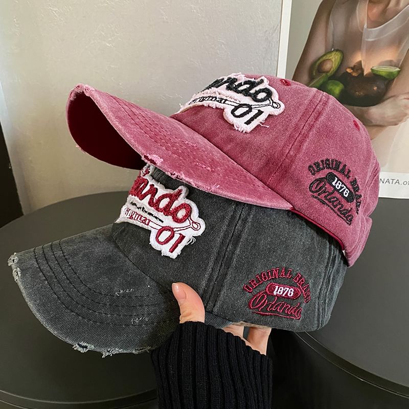 Lettering Cap Embroidered Distressed Baseball