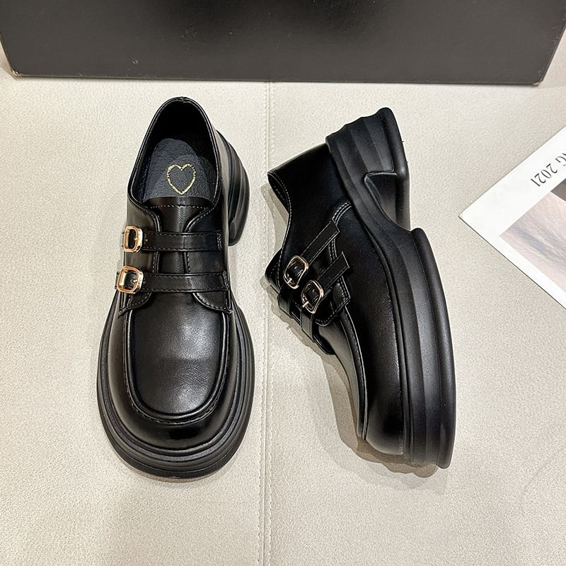 Buckled Faux Leather Loafers Platform