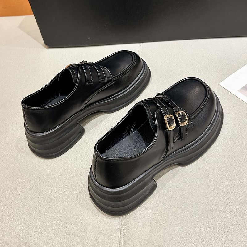 Buckled Faux Leather Loafers Platform
