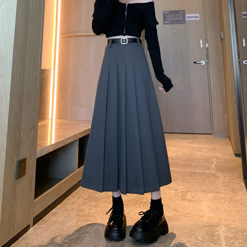 Plain Accordion Waist Pleated A-Line Skirt Midi High