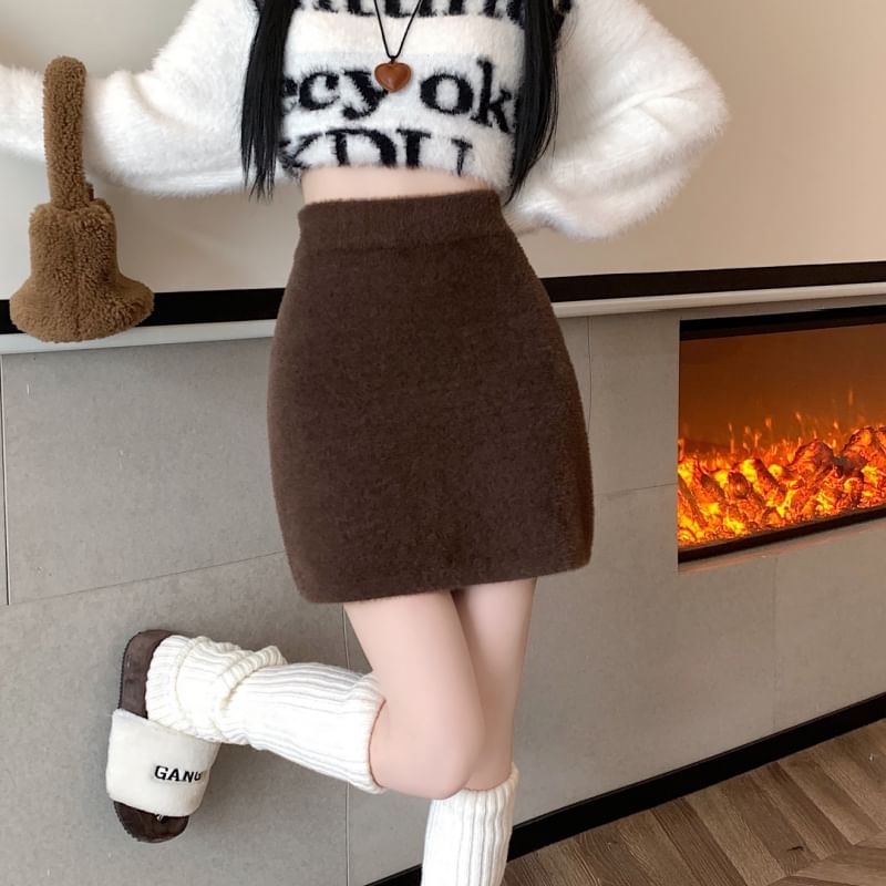 Pencil Plain Skirt High Rise Fluffy Mini