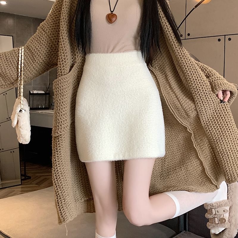 Pencil Plain Skirt High Rise Fluffy Mini