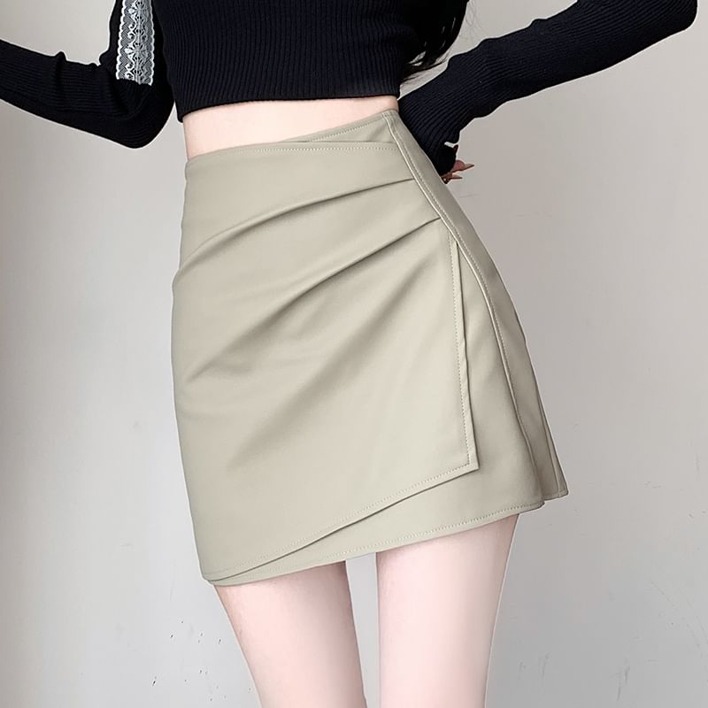 Plain Pencil Faux Skirt Waist Mini Asymmetrical High Leather Ruched