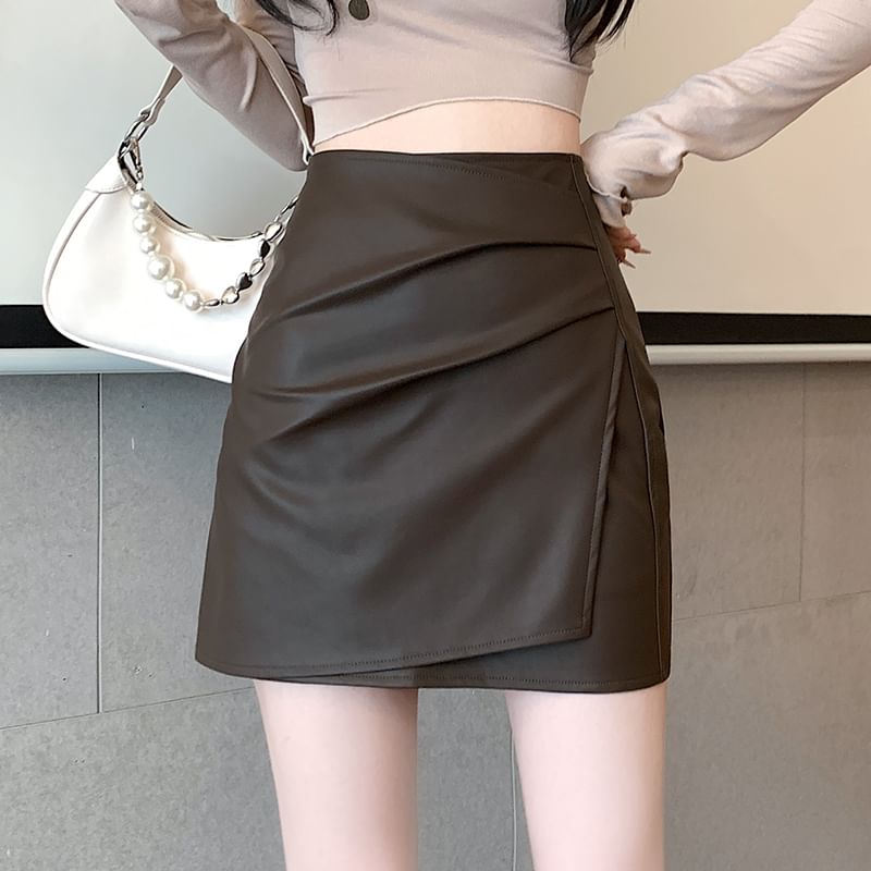 Plain Pencil Faux Skirt Waist Mini Asymmetrical High Leather Ruched