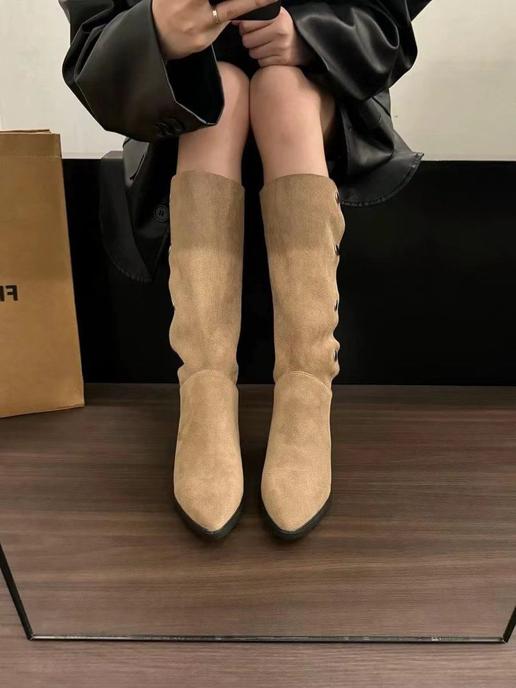 Button Knee High Pointed Toe Boots Faux Suede