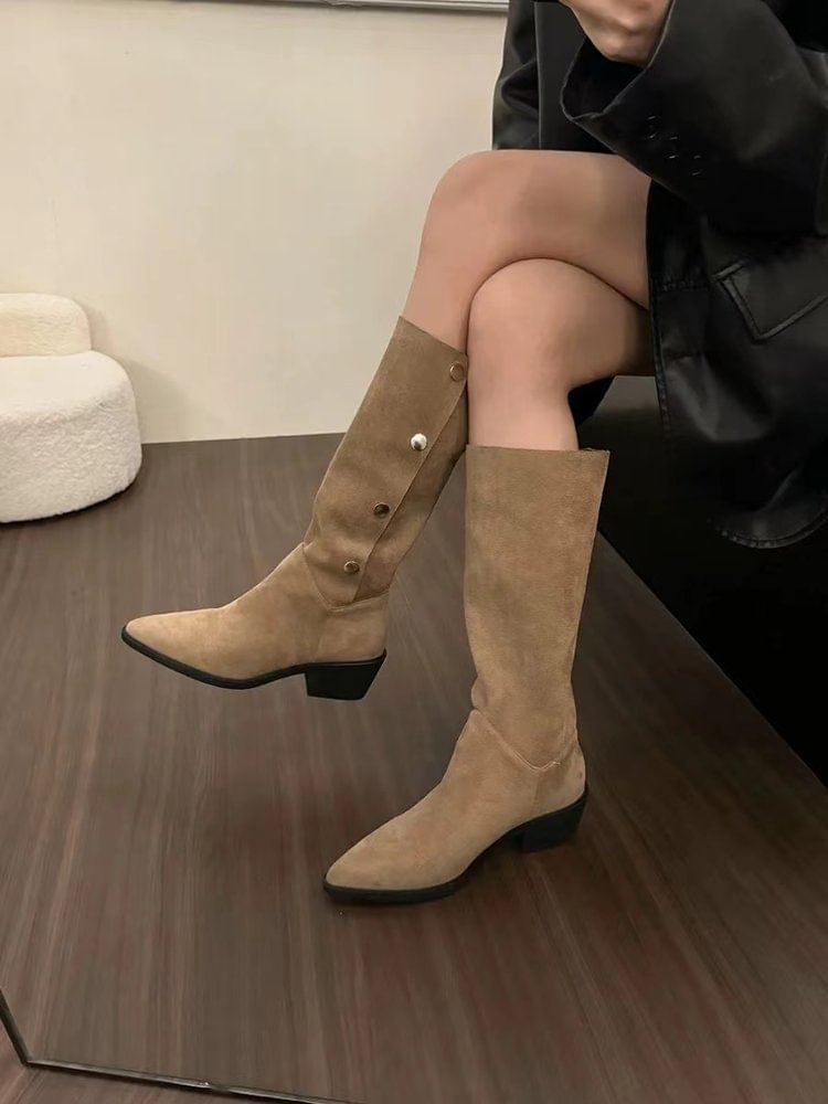 Button Knee High Pointed Toe Boots Faux Suede