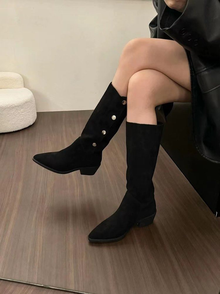 Button Knee High Pointed Toe Boots Faux Suede