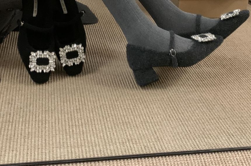 Heel Jane Square Buckled Toe Block Rhinestone Mary Pumps