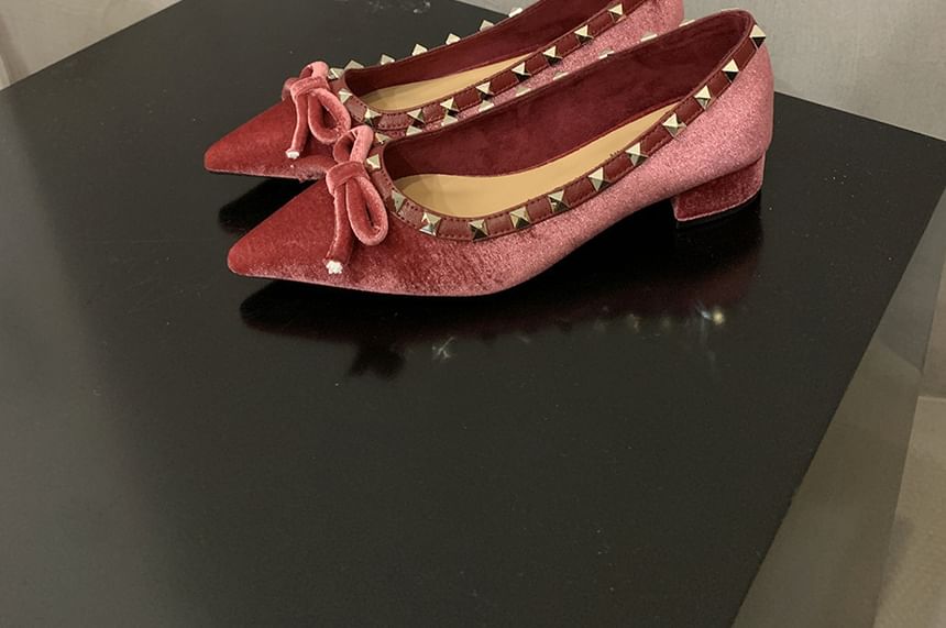 Velvet Pointed Studded Pumps Bow Toe