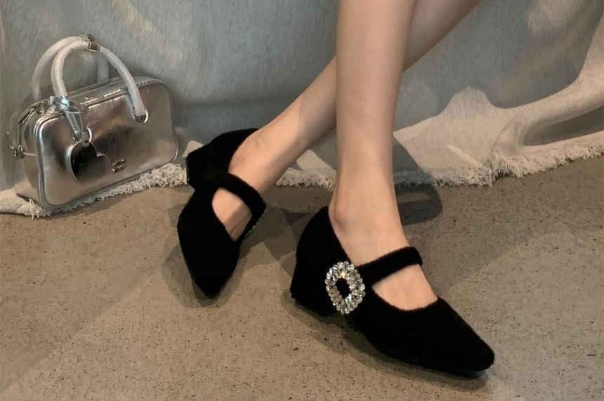Jane Heel Toe Rhinestone Buckled Block Square Mary Pumps