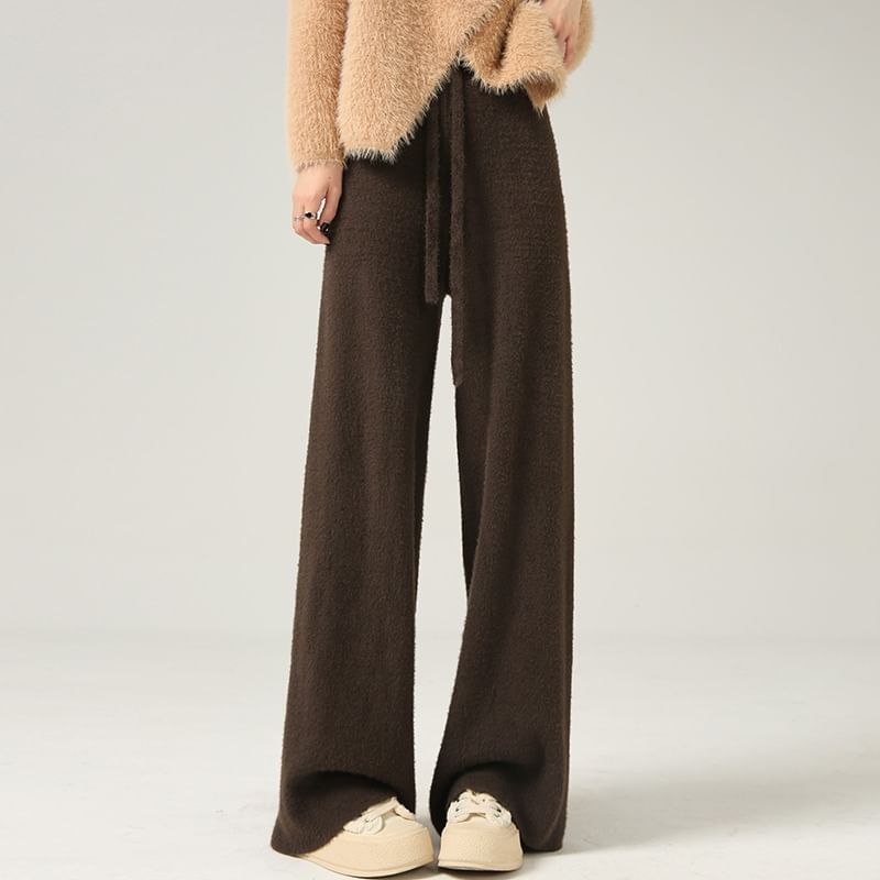 Wide Plain High Pants Knit Leg Waist