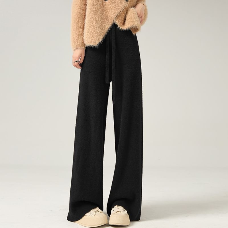 Wide Plain High Pants Knit Leg Waist
