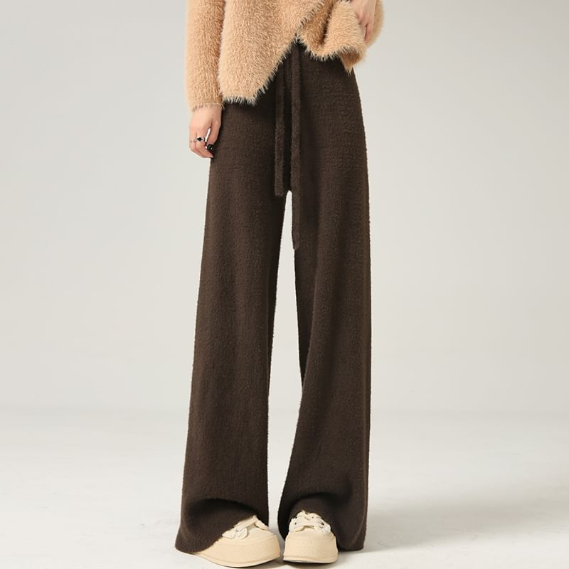 Wide Plain High Pants Knit Leg Waist