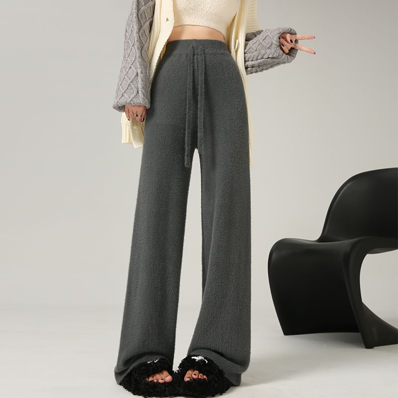 Wide Plain High Pants Knit Leg Waist