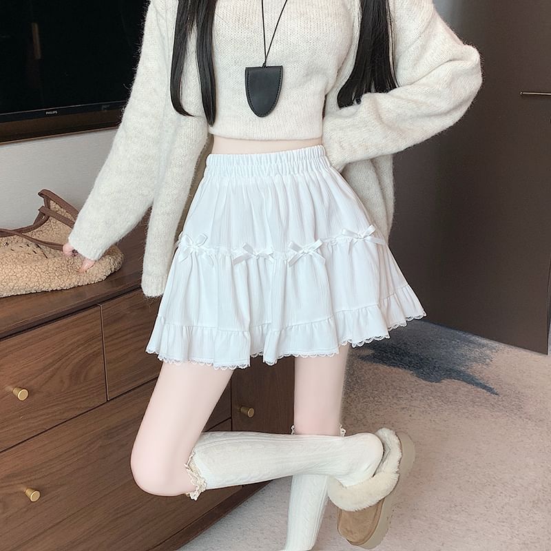 Accent High Plain Bow Trim Velvet Skirt Lace Waist A-Line Mini