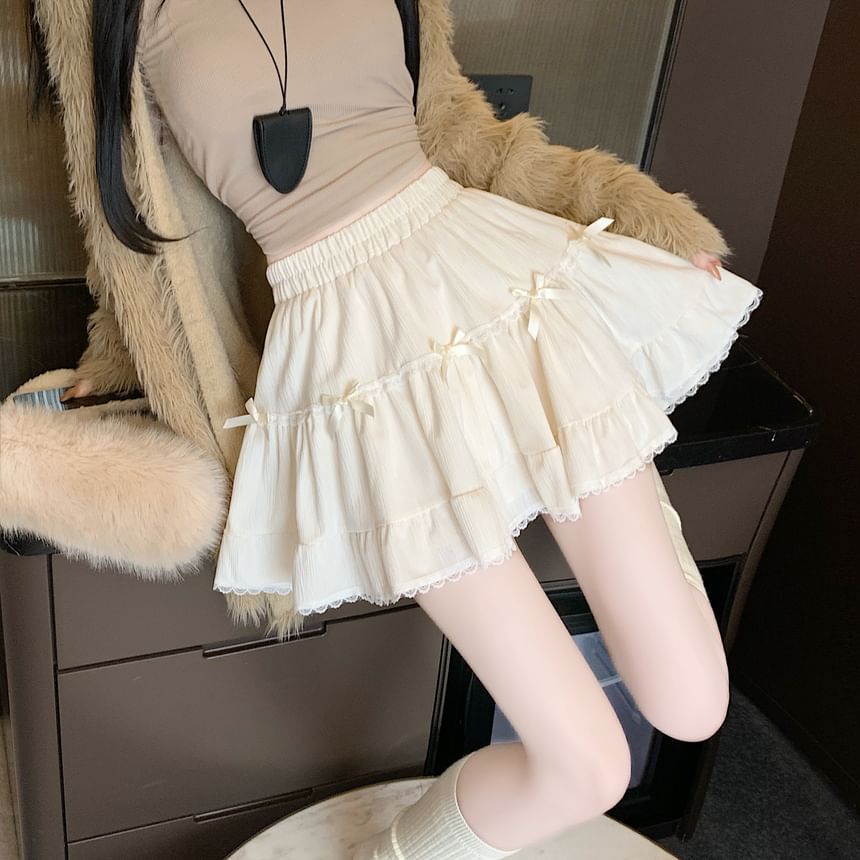 Accent High Plain Bow Trim Velvet Skirt Lace Waist A-Line Mini