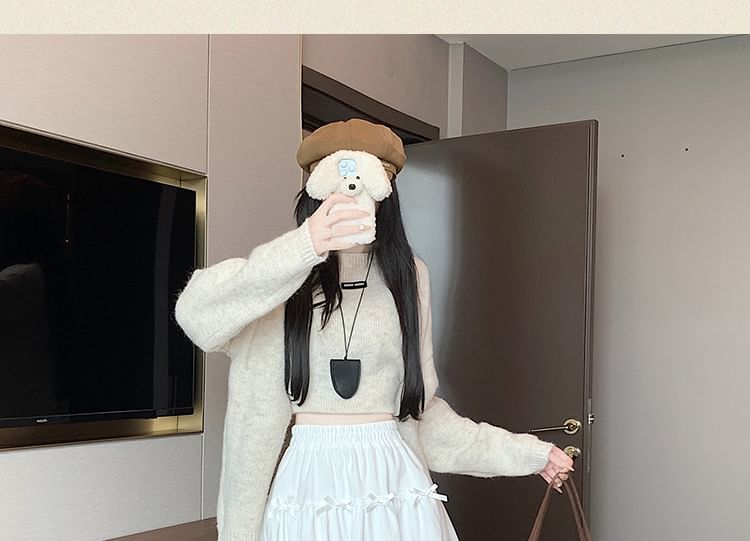 Accent High Plain Bow Trim Velvet Skirt Lace Waist A-Line Mini