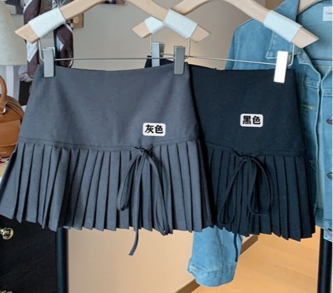 Mini High Plain A-Line Bow Pleated Accent Waist Skirt