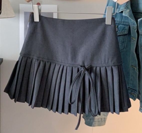 Mini High Plain A-Line Bow Pleated Accent Waist Skirt