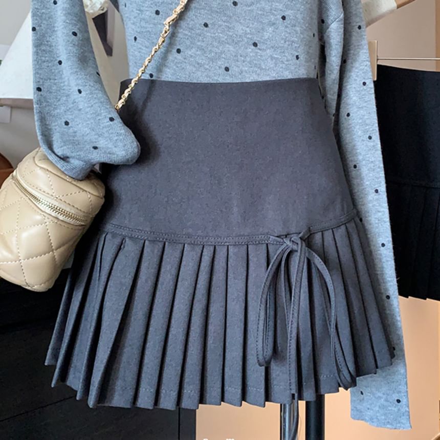 Mini High Plain A-Line Bow Pleated Accent Waist Skirt
