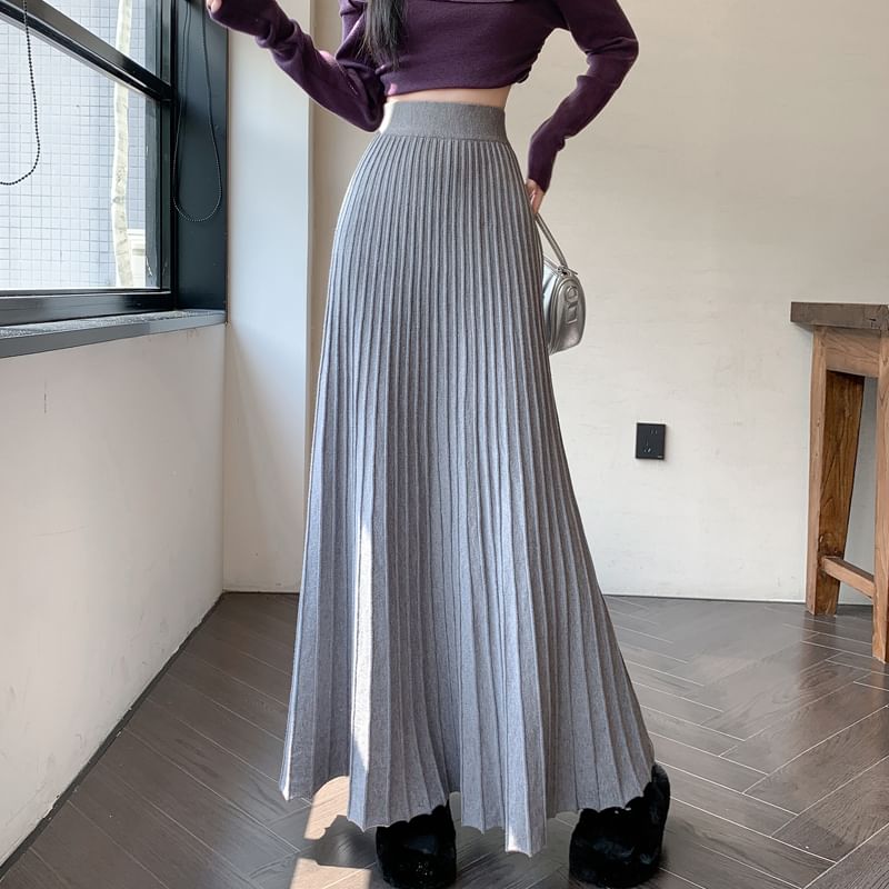 Rise Knit A-Line Skirt Maxi High Plain